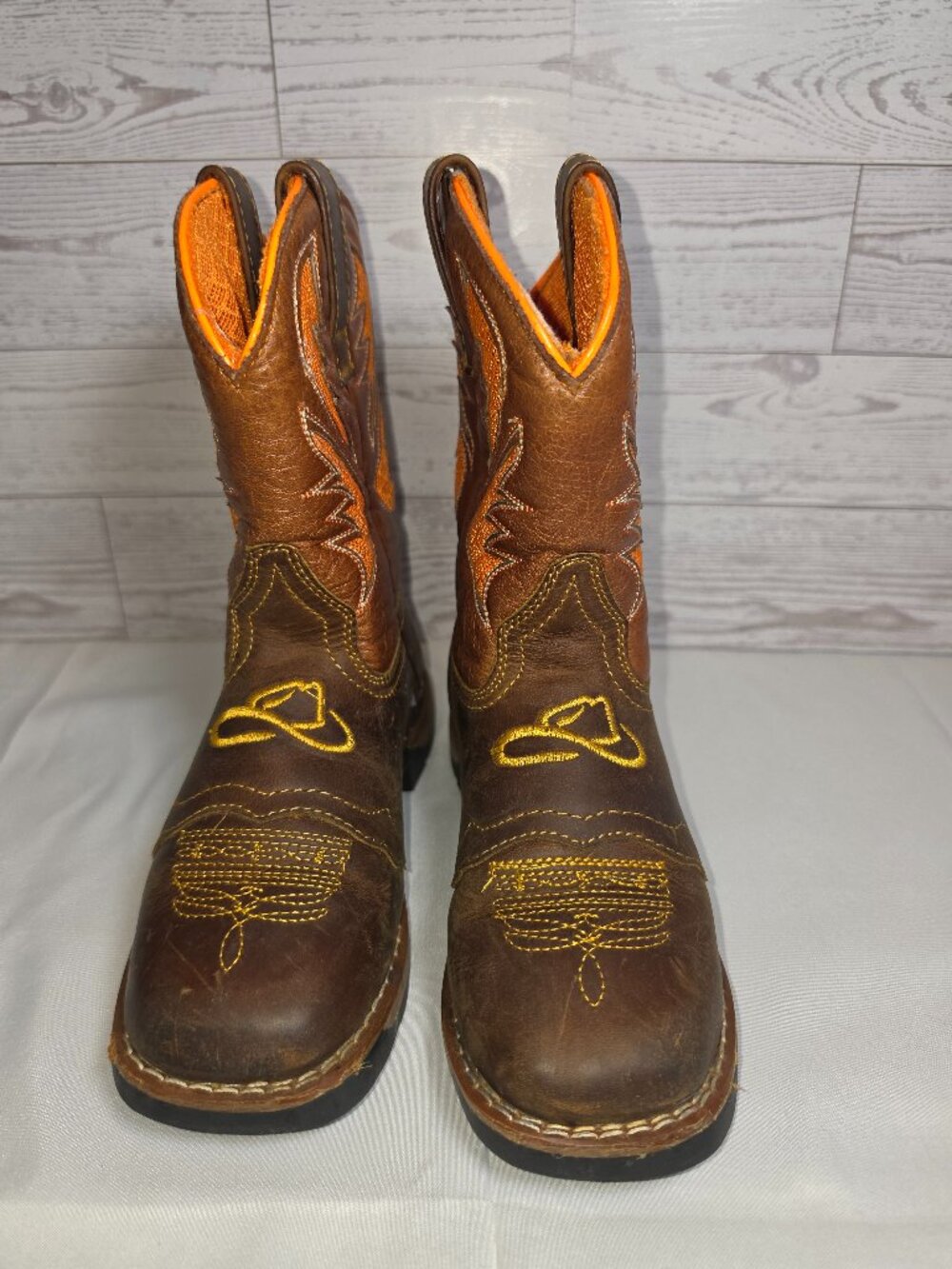 Bufalito Kids Western Cowboy Boots Brown Embroidered Size 12